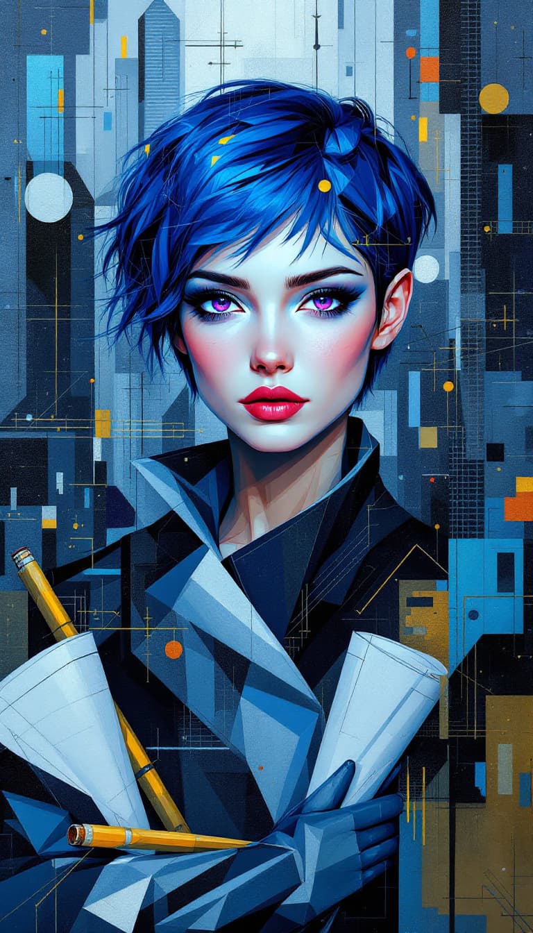 AI generated: "Indigo Architect in a Shifting City": A mesmerizing abstract painting showcases an architect, with ...