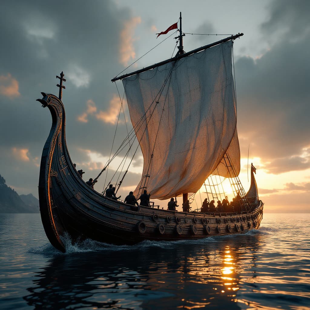 AI generated: Photo of a ultra realistic Viking longship, dramatic light, pale sunrise, cinematic lighting, batter...