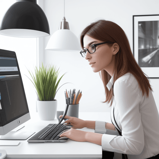 AI generated: High resolution photography interior design, modern home office, close-up, a female working on a pro...