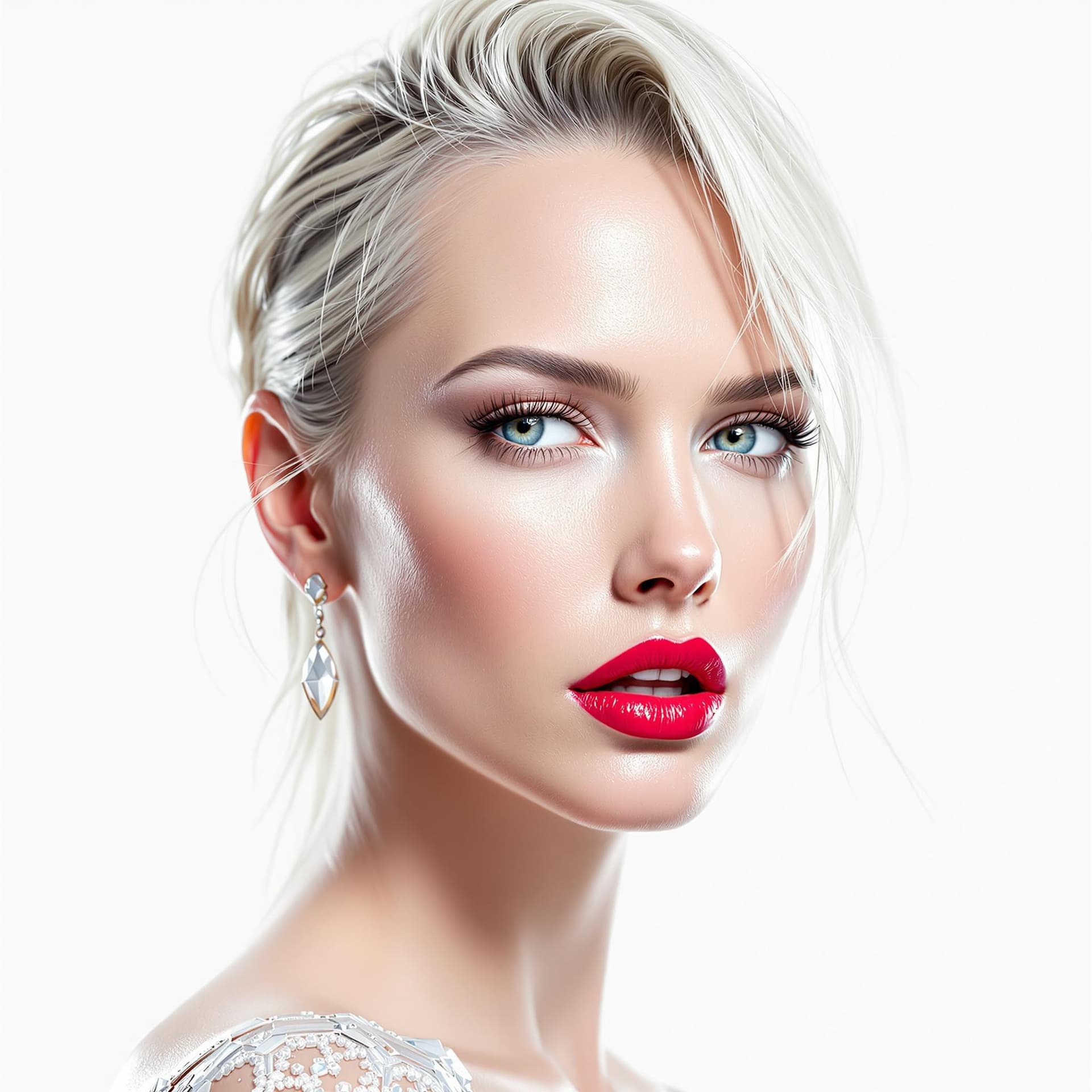 AI generated: White background, beautiful portrait of Charlize Theron with Asian features in white and silver colo...