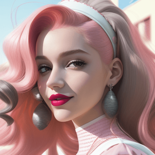 AI generated: Pink and white smiling woman with beautiful hair, big red shiny lips, y2k aesthetic style, Spanish p...