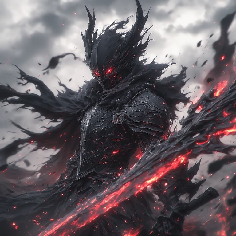 AI generated: Anime screencap, evil shadow knight with red eyes. It's an anime screencap from a popular anime. Bea...