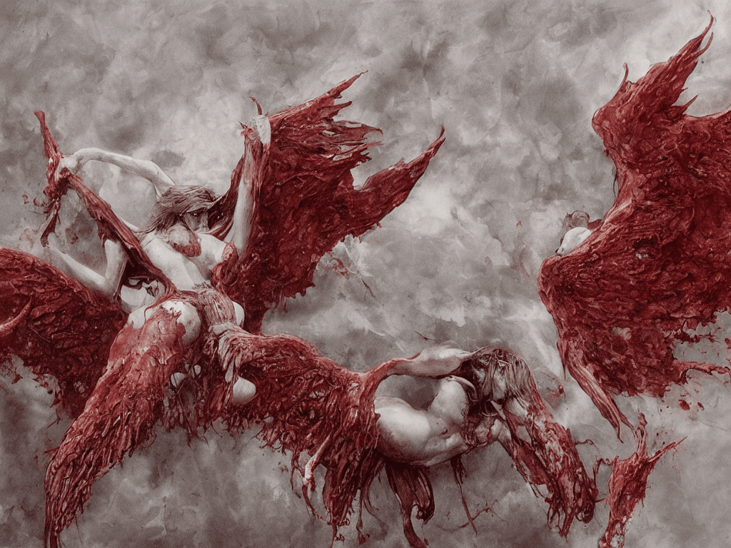 AI generated: (masterpiece, best quality), 1lady, solo, (white scaly body), halo, wings,fallen angel, black hair, ...