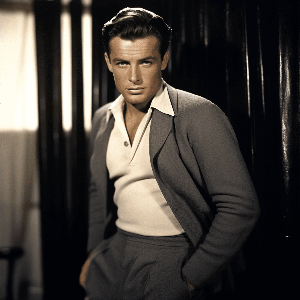AI generated: hollywood, standing, perfect eyes, perfect face, colorized, actor man, handsome, 1940's 
