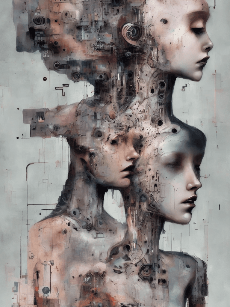 AI generated: Mixed media artwork + Emotional cyborg girl + Elegant dress + Skin lesions as a storytelling element...