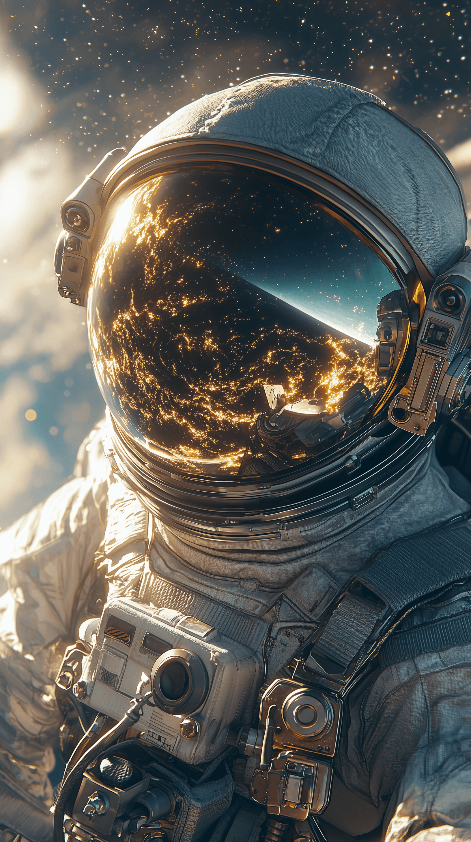 AI generated: astronaut exploring an alien planet beyond our solar system, awestruck expression visible through tr...