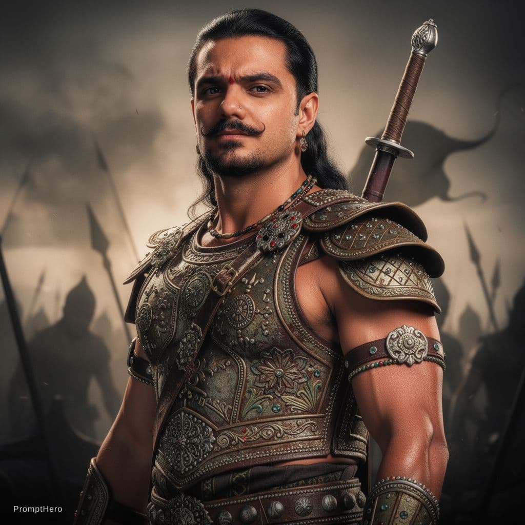 AI generated: indian male warrior from Mahabharatha, wearing etnic armor with a sword, on a battlefield, dramatic ...