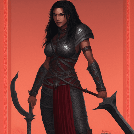 AI generated: full-body illustration, noble and valiant female fighter from nomadic dynasty, chain mail, red armor...