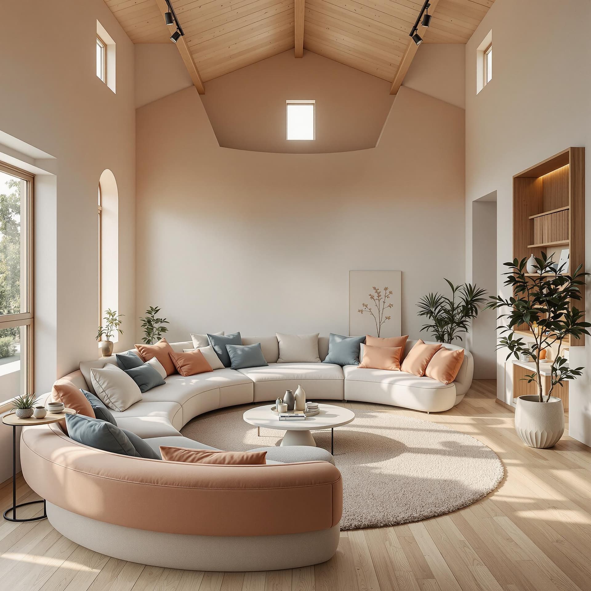 AI generated: High resolution photography interior design, dreamy sunken living room conversation pit, wooden floo...