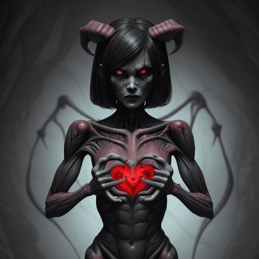 AI generated: demon girl gnaws at the anatomical human heart made from granite 