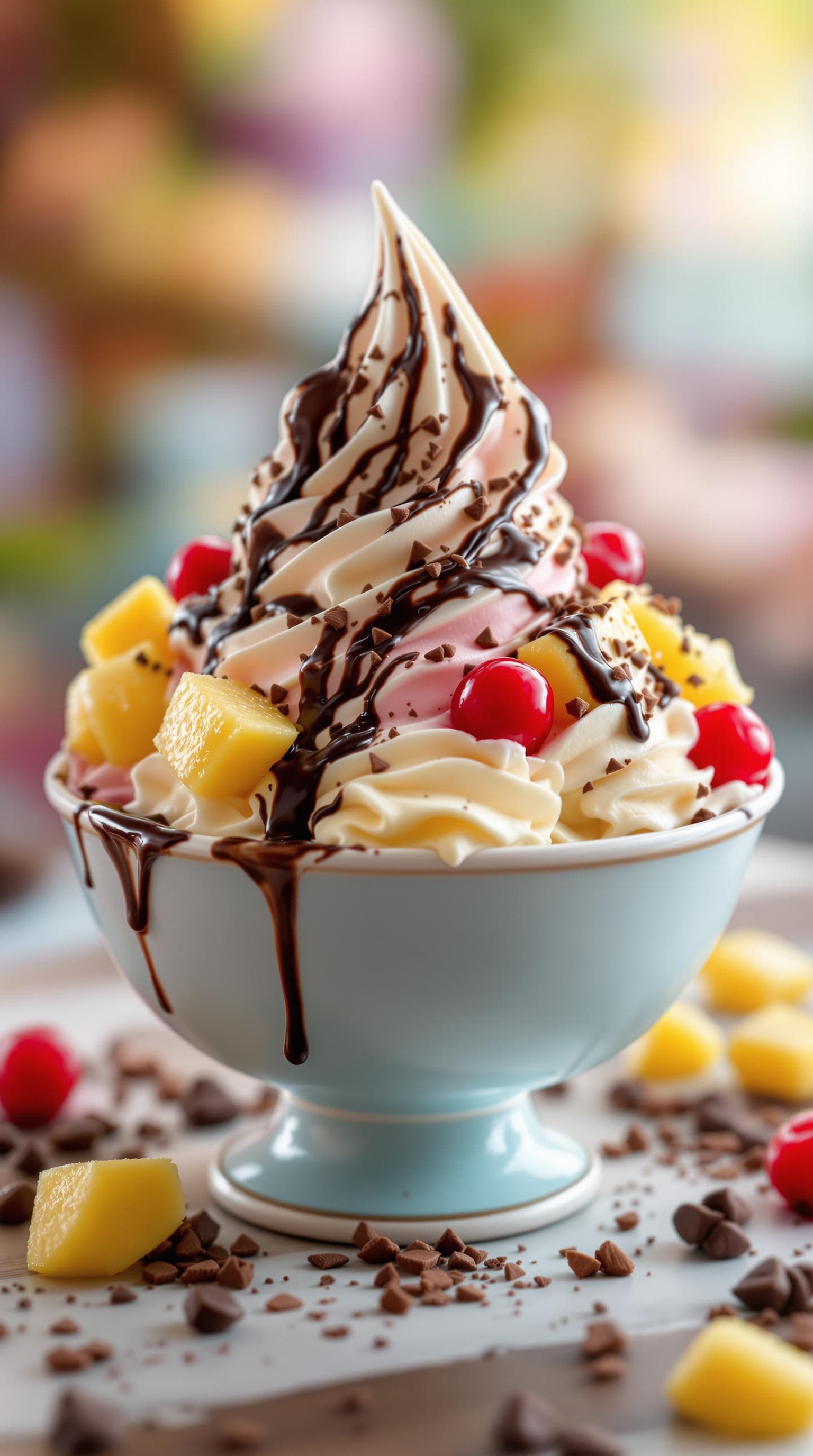 AI generated: bowl of delicious icecream, topped with cream, pineapple, cherries, sprinkeld with chocolate, hi glo...