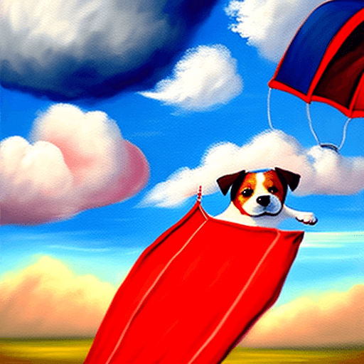 AI generated: Falling happy dog attached to a red parachute amidst sunny clouds.
Style: oil painting
