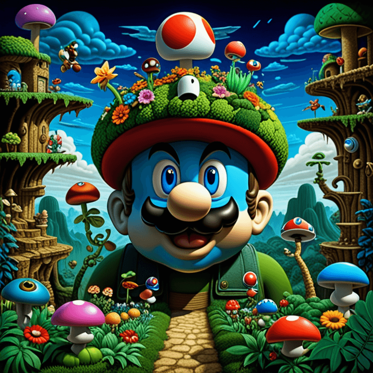 AI generated: Psychedelic disco photo of Mario feeding moldy cheese to the world's ugliest painting