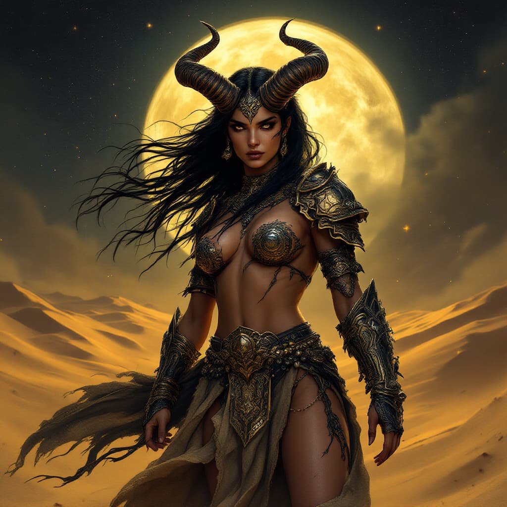 AI generated: A detailed and atmospheric illustration, full body shot of a young beautiful European female horned ...