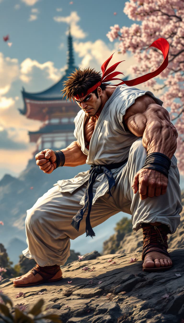 AI generated: *"Ryu, o lendário artista marcial de Street Fighter, está em uma poderosa postura de luta, seu físic...