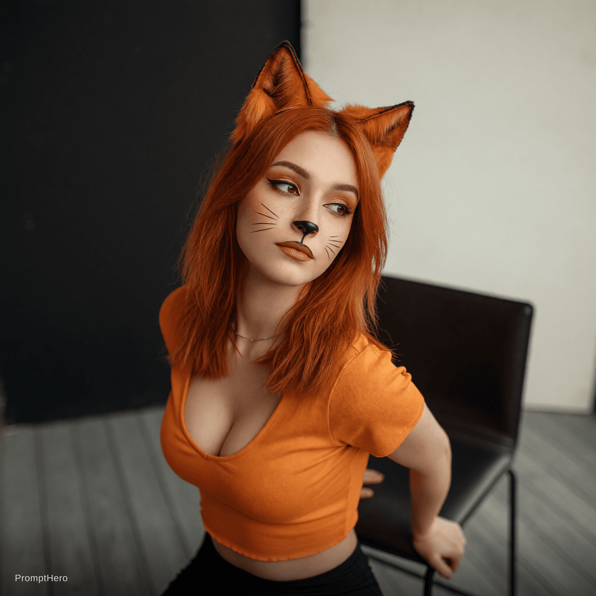 AI generated: Photorealistic studio portrait of a young woman with vibrant copper-orange shoulder-length hair wear...
