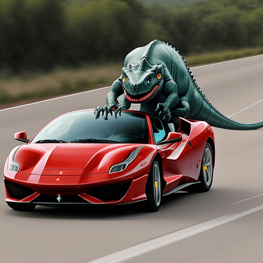AI generated: dinosaurio persiguiendo una ferrari