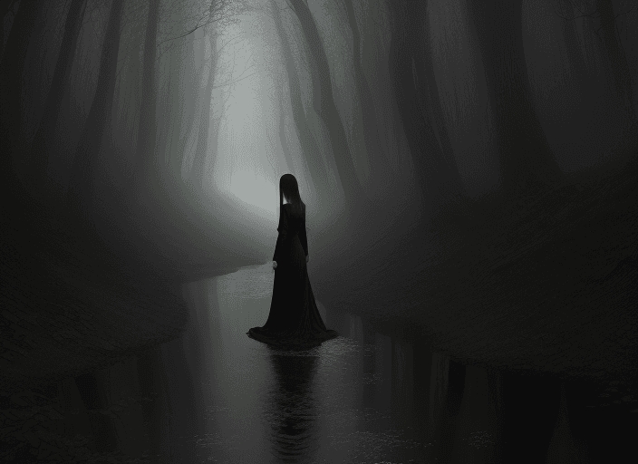 AI generated: woman walking toward me through a stream, long dress, forest, dark, mystical, fog
