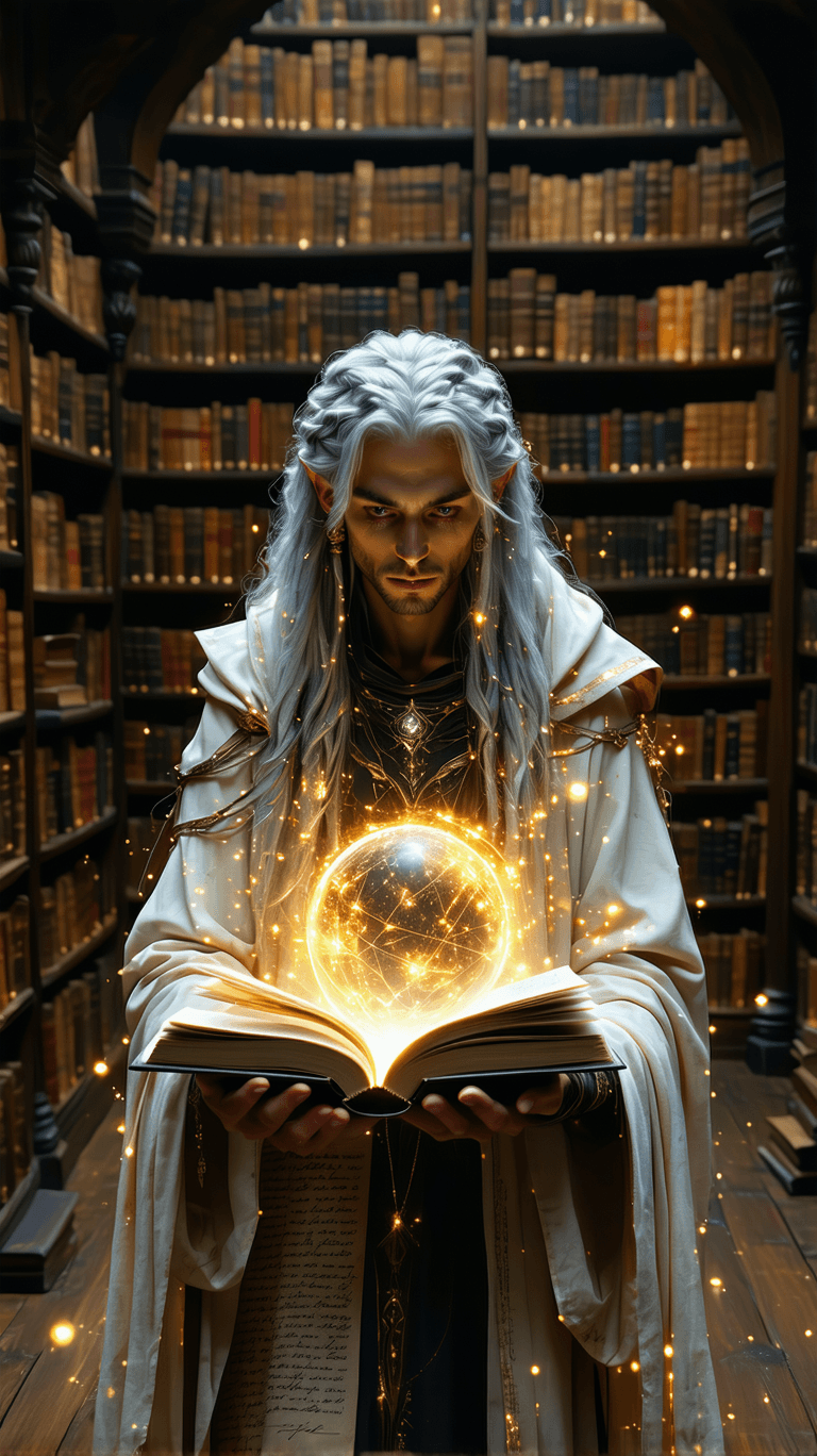 AI generated: An enigmatic bookkeeper, with long silver hair, a thoughtful expression, and skin adorned with shift...