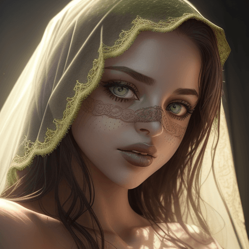 AI generated: A close-up portrait of a woman with golden-brown-green eyes, partially covered by a lace veil, with ...