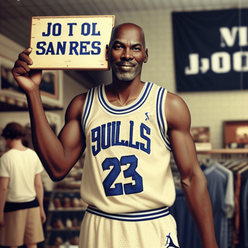 AI generated: Micheal Jordan holding a sign, saying "PJ's Vintage Store, basketball themed, 
