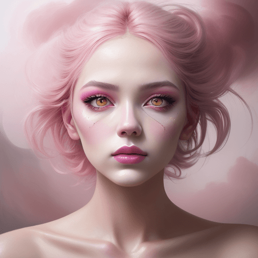 AI generated: portrait of a woman covered in cloud of smoke, whirlwind, pink highlight colors, pink make-up, hints...