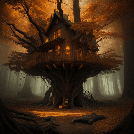 AI generated: treehouse , in fall, warm volumetric lighting, glowing, magical, dense forest, ultra wide lens, surr...