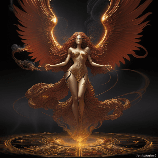 AI generated: heavenly beautiful royal Phoenix woman with long red windblown hair and scale wings, minimum clothin...