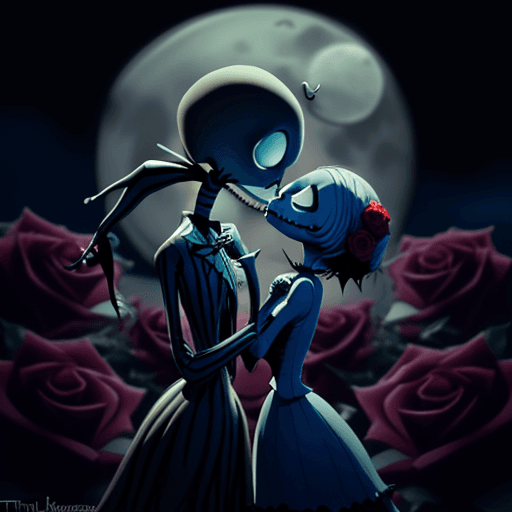 AI generated: The Nightmare Before Valentines Day, Jack Skellington and Sally showing affection, a Valentine love ...