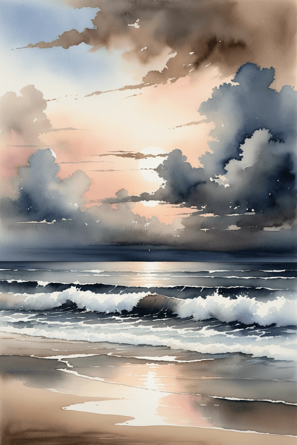 AI generated: A serene watercolor painting captures the serene beauty of a vast sky meeting the tranquil sea at th...