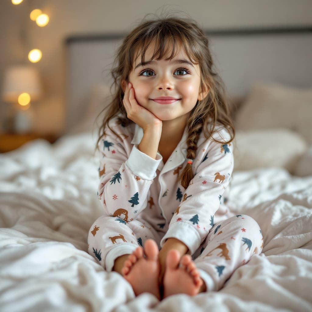 AI generated: cute girl wearing soft pajamas and barefoot sitting on bed
