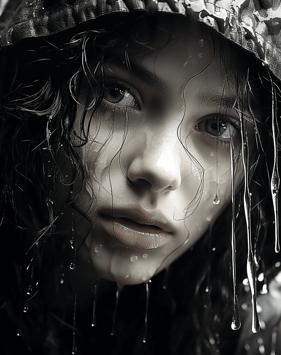 AI generated: woman face with water drops in pictures of girl from the sea, in the style of black and white master...
