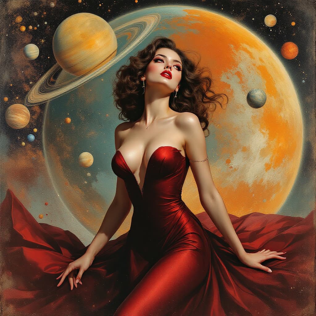 AI generated: a painting of a woman in a dark red dress, heavy metal comic cover art, space theme, pin-up girl, si...