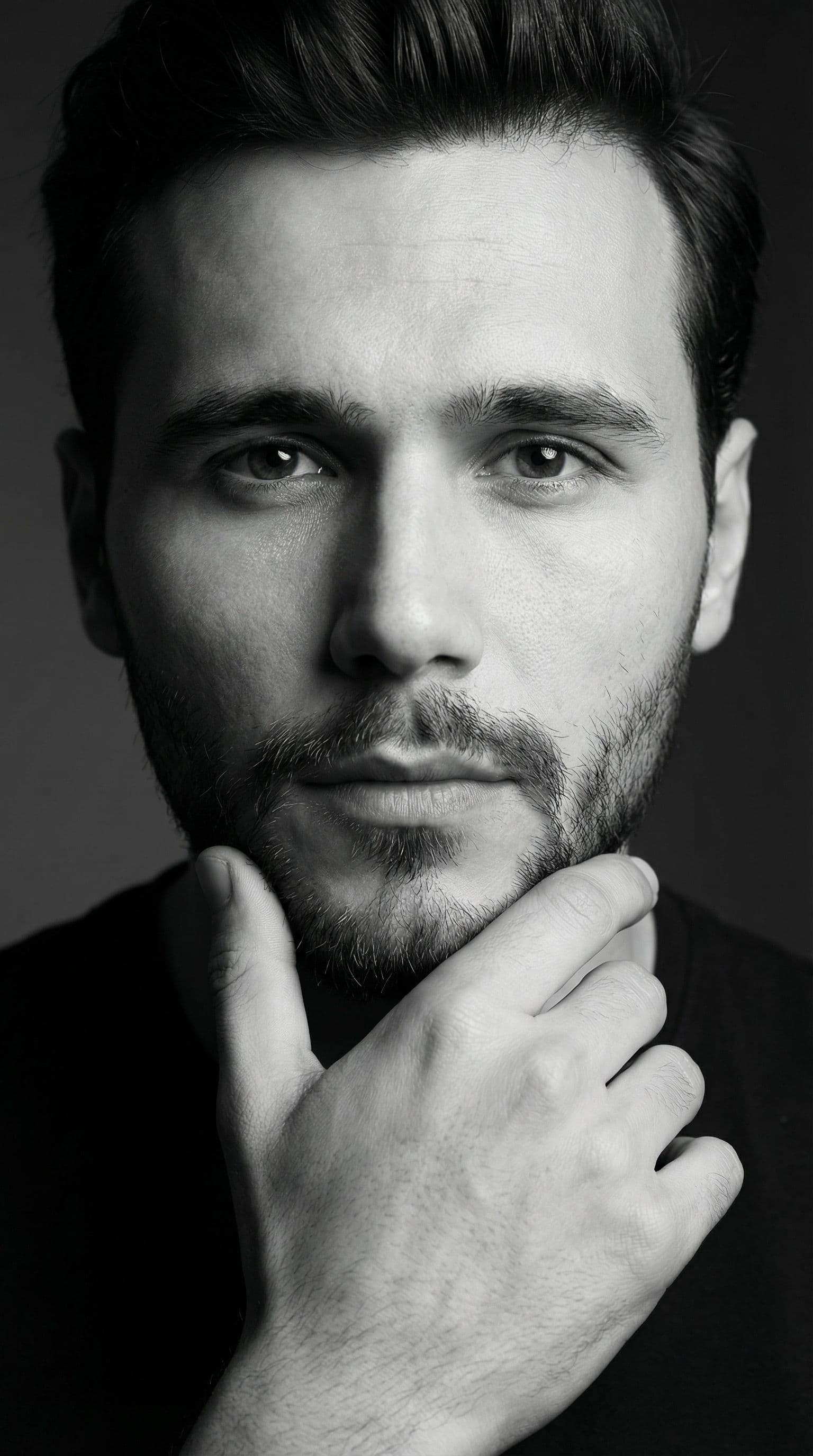 AI generated: Hyper-realistic black and white editorial portrait of a man, 
natural proportions, realistic facial ...