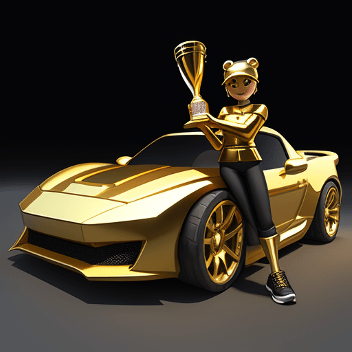 AI generated: Roblox avatar is holding a golden trophy while posing sitting on top of a sports car displayed from ...