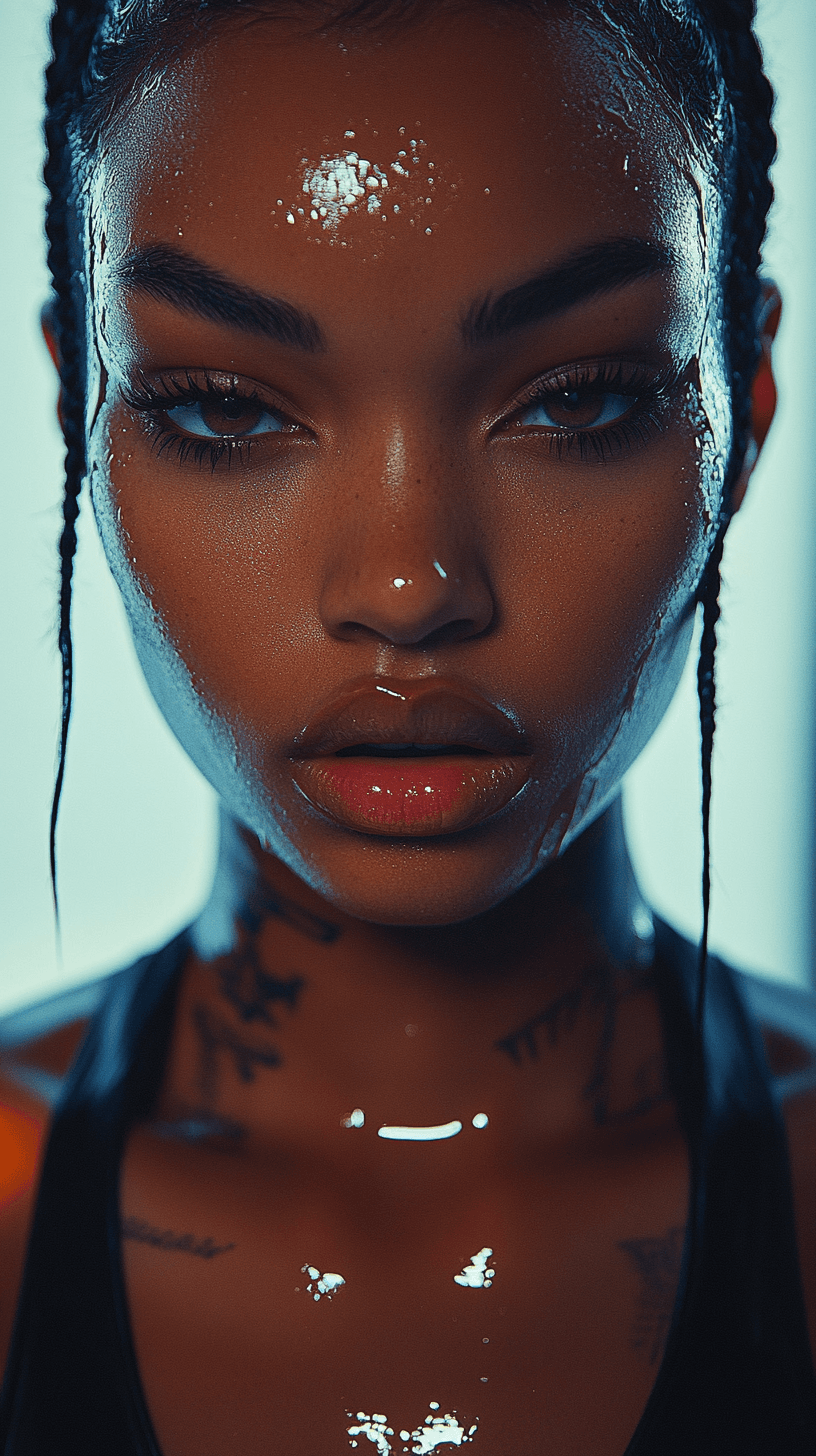 AI generated: Symetrical ultra Closeup of a dope faced tattoed model, dark mirror glazed Nike sport outfit, Minima...
