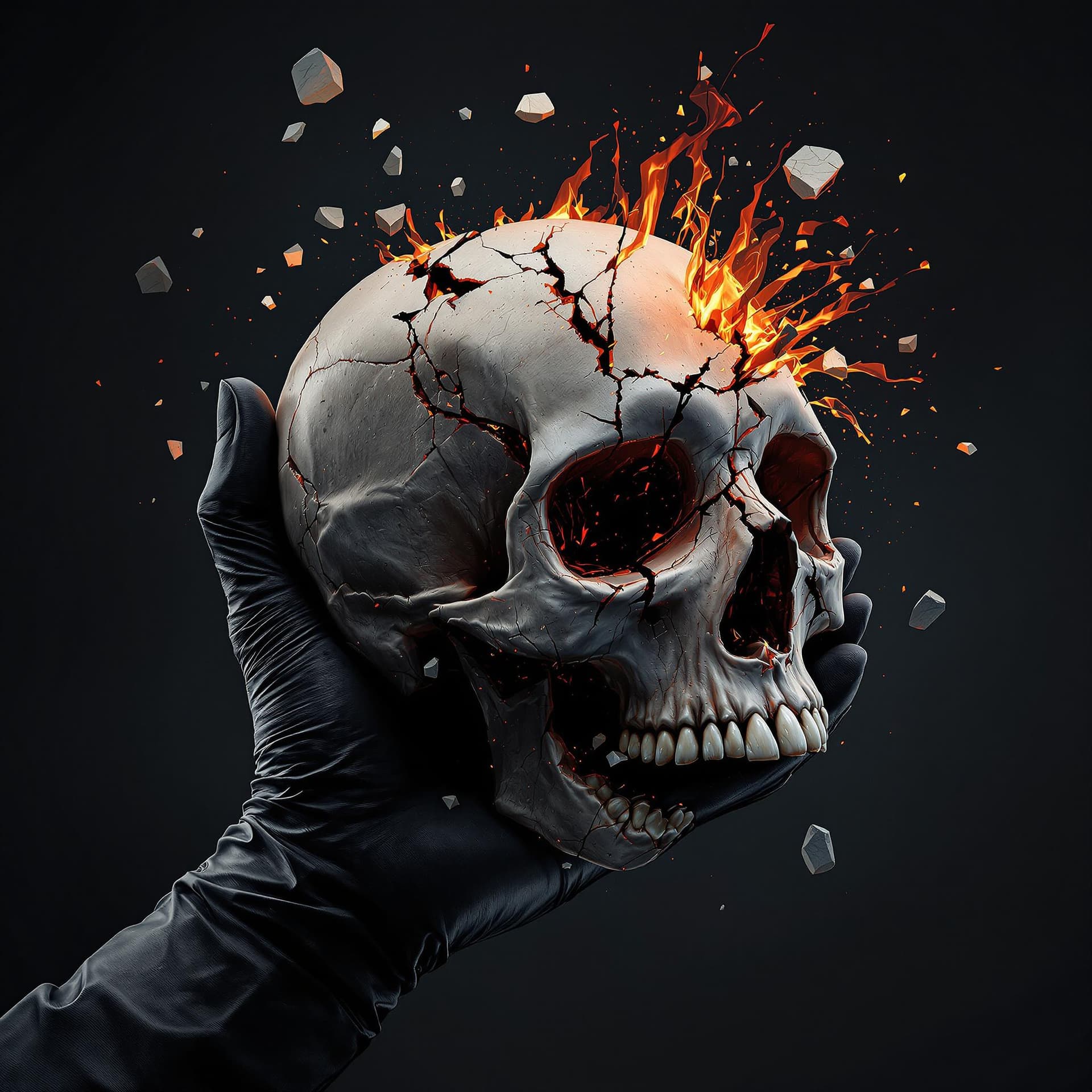 AI generated: 3d realistic black gloved hand holding a destroying crushed skull with a dark abstract colored backg...
