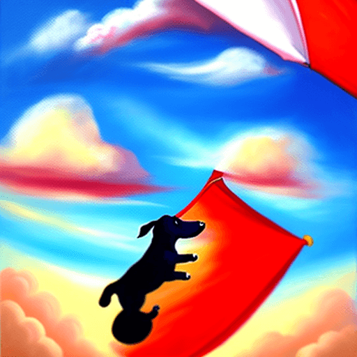 AI generated: Falling happy dog attached to a red parachute amidst sunny clouds.
Style: oil painting