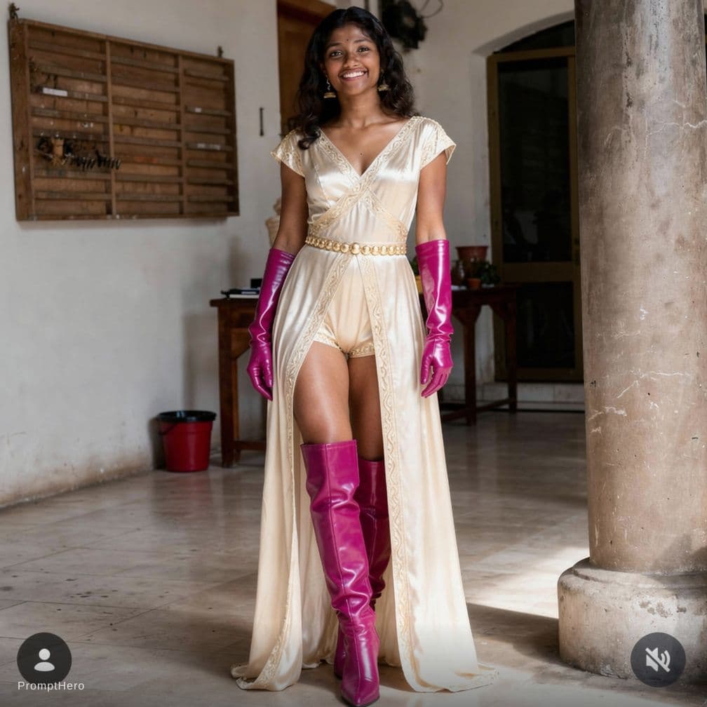 AI generated: adult teen wear greek long elegant dress with short sleeves and long magenta leather gloves extend t...