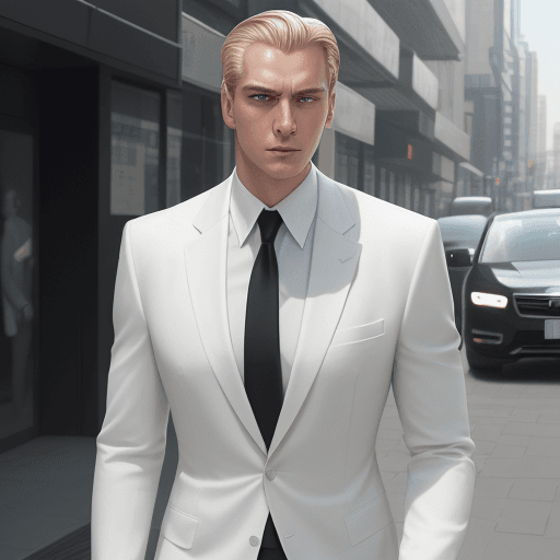 AI generated: The image features a caucasian man with blonde slicked-back hair wearing a white shirt and a black s...