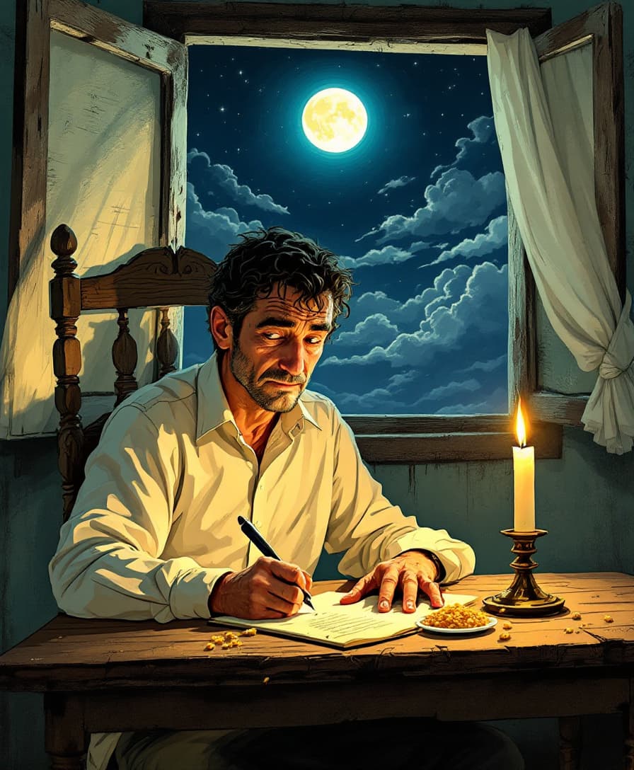 AI generated: Crie uma ilustração realista de um poeta sentado à mesa em uma pequena casa rústica à luz de uma vel...
