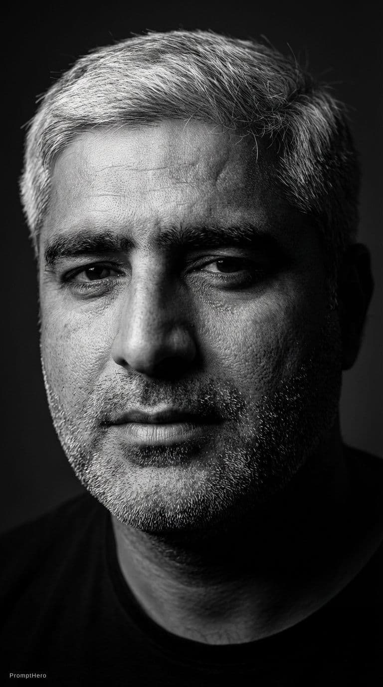 AI generated: High-definition black and white portrait of an attractive mature man, 30–40 years old. Minimalist be...