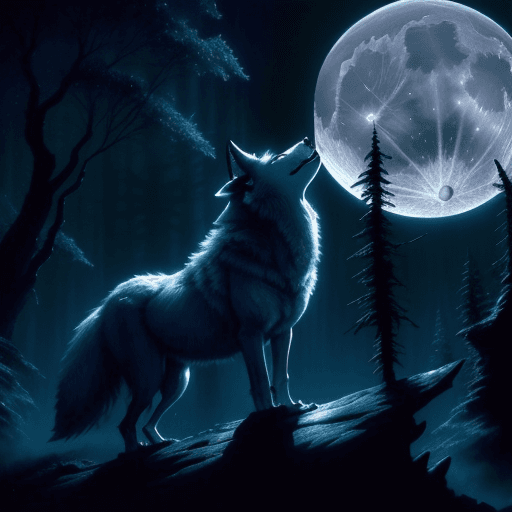 AI generated: Wolf howling, magical moonlit background, 8k, high detail Don Maitz, Todd McFarlane, Mary Blair, I c...