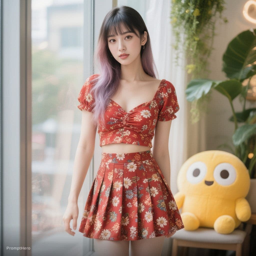 AI generated: close portrait of Japanese woman, Koren ulzzang face, standing near the window, black hair, multi co...