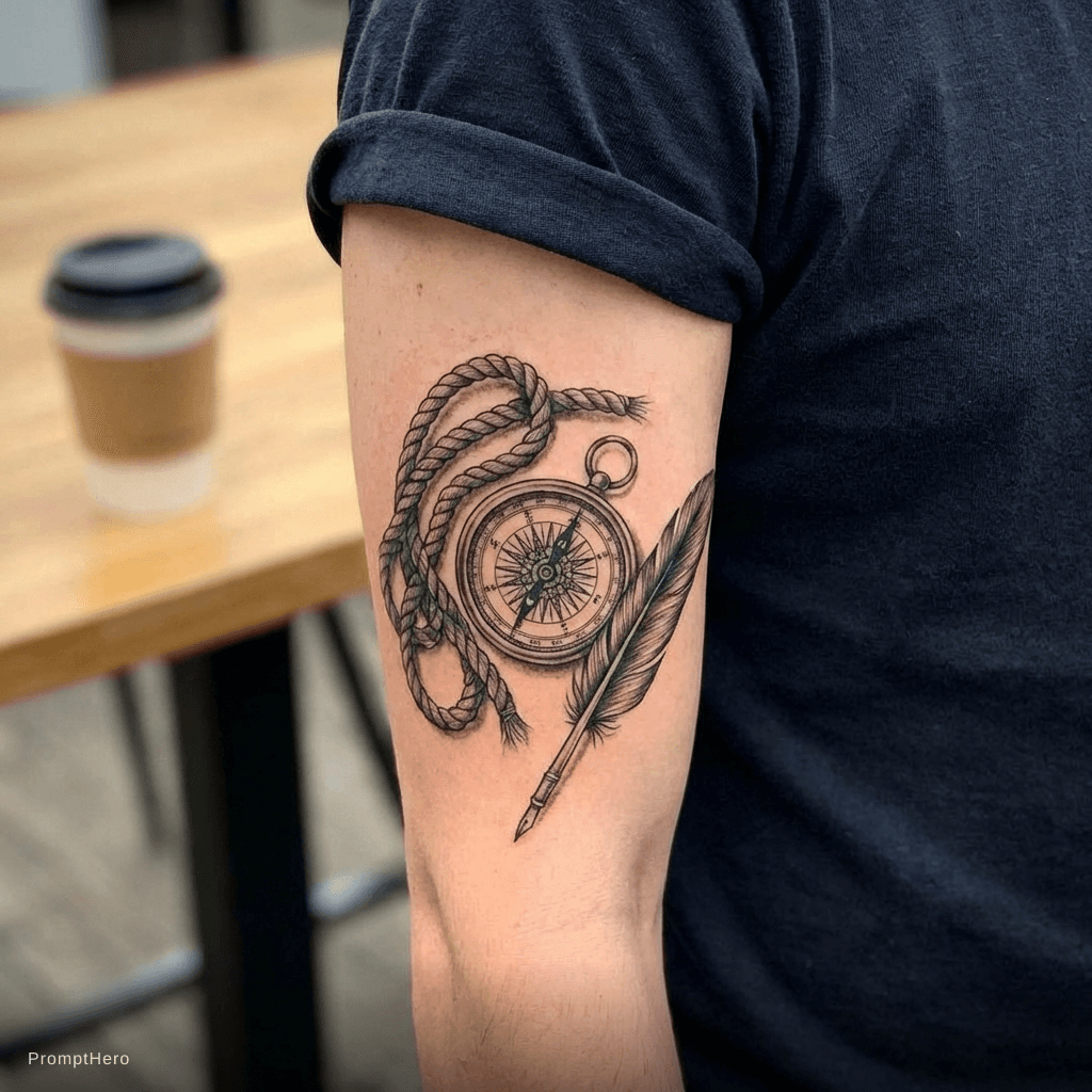 AI generated: Tattoo on the bicep/ inner arm that has rope a naufical compass a feather and a pen