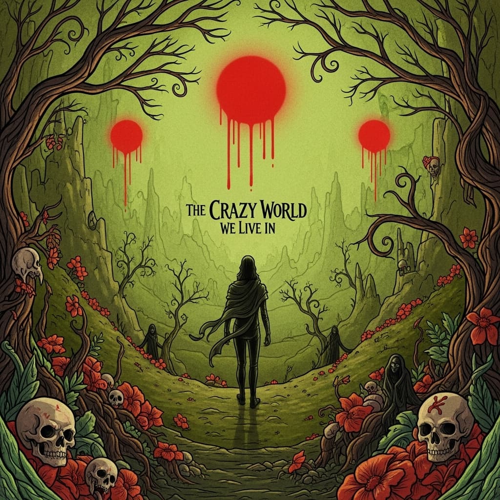AI generated: the crazy world we live in, Epic fantasy by Dave Mckean David Welker, in olive geen and glowing red ...