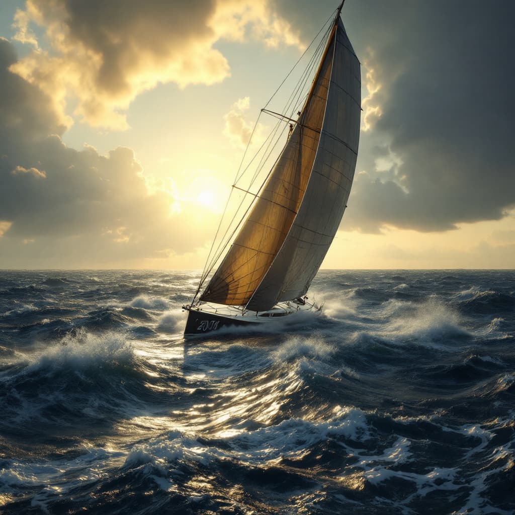 AI generated: Photo of a ultra realistic racing  yacht from 2045, stormy seas, leaning right, coming right at me  ...