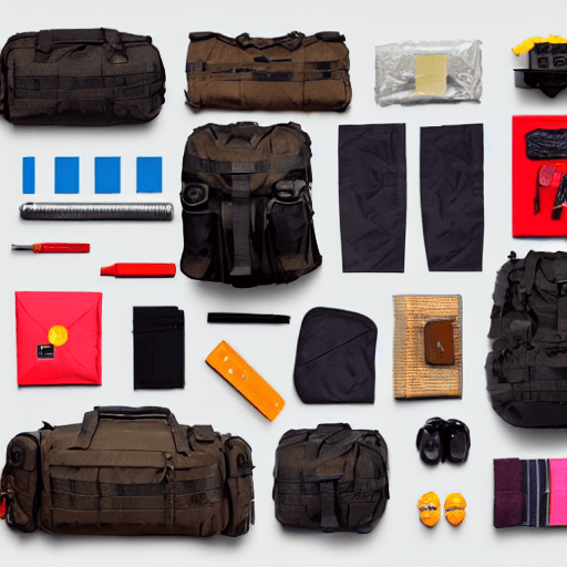 AI generated: Bugout bag, backpack, diy, emergency, knolling :: Wes Anderson color palette, studio lighting, low c...