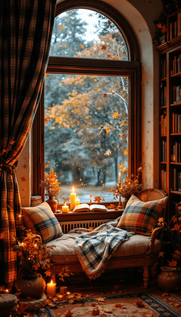 AI generated: photo of a cozy reading nook, near a big window, plaid pattern, old house, romantic, candlelight, bi...