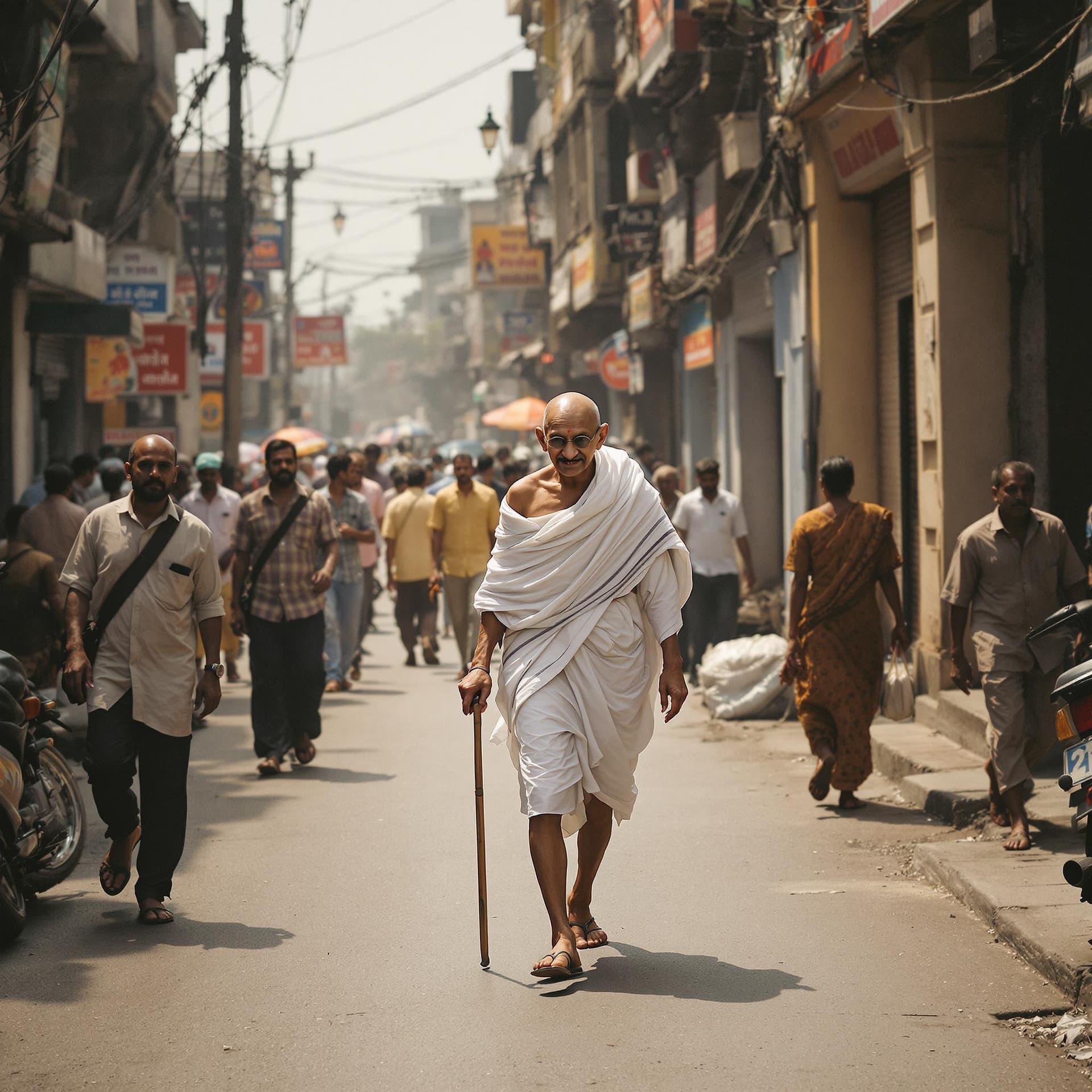 AI generated: mahatma Gandhi walking through Indian streets